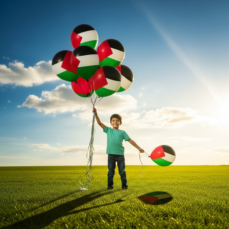 Young Child with Palestinian Flag Shaped Balloons Young Child with Palestinian Flag Shaped Balloons