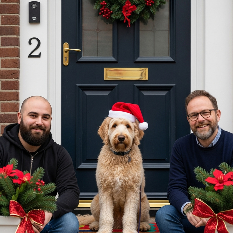 Labradoodle in Christmas Scene with Two Men by Doorstep | Festive Capture Labradoodle in Christmas Scene with Two Men by Doorstep | Festive Capture