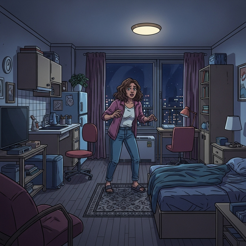 Scared Woman in Cozy One-Bedroom Apartment Scared Woman in Cozy One-Bedroom Apartment