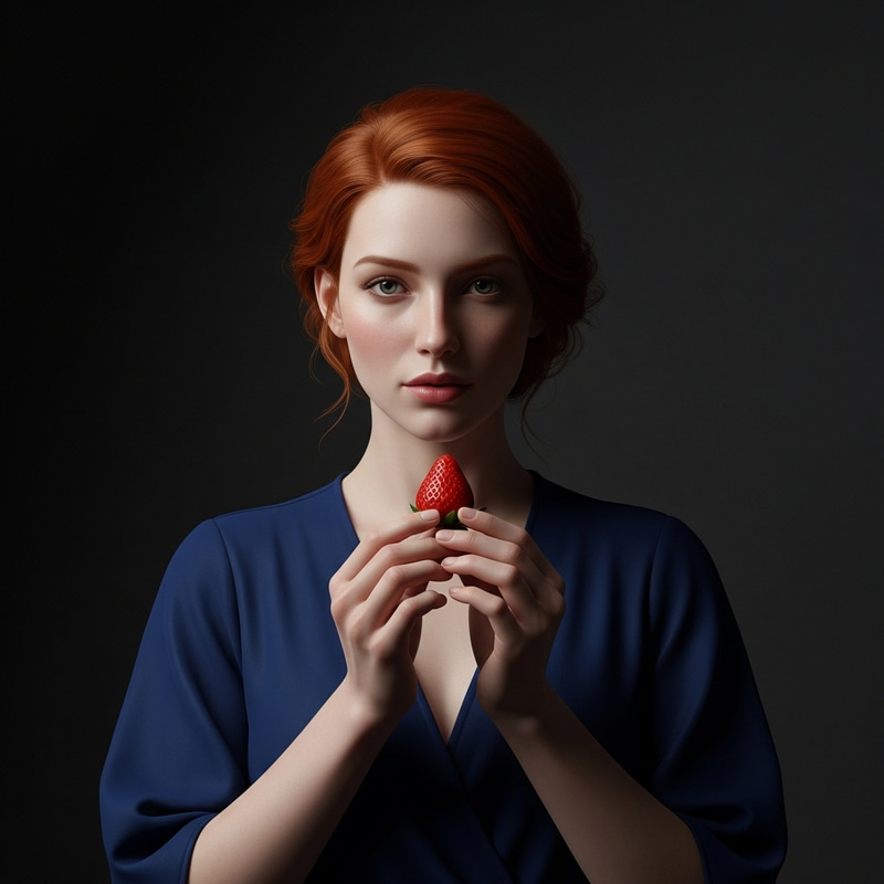 Tranquil Model with Red Hair and Blue Dress Holding Strawberry Tranquil Model with Red Hair and Blue Dress Holding Strawberry