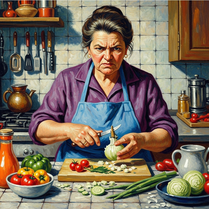 Furious Mother Peeling Vegetables | Bold and Vibrant Family Genre Artwork
