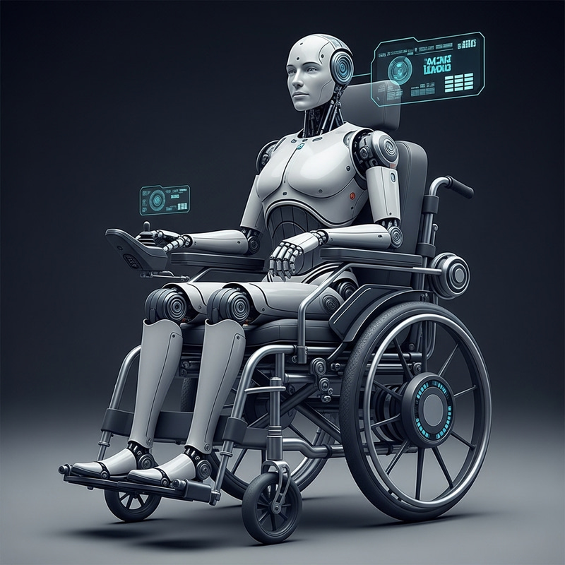 Futuristic AI Robot on Wheelchair: Advanced Mobility Futuristic AI Robot on Wheelchair: Advanced Mobility