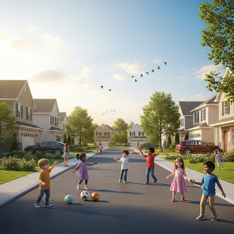 Tranquil Suburban Neighborhood, Children Playing, Bright Sun