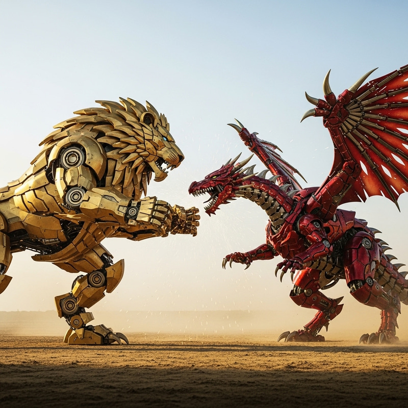 Golden Robot Lion vs Red Robot Dragon Battle