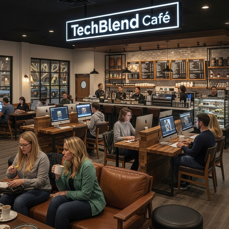 TechBlend Café: Modern Coffee Shop and Tech Hub TechBlend Café: Modern Coffee Shop and Tech Hub
