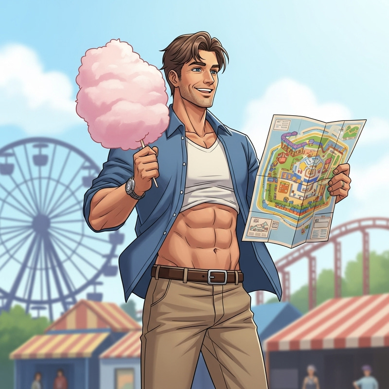 American Guy Enjoying Theme Park with Cotton Candy
