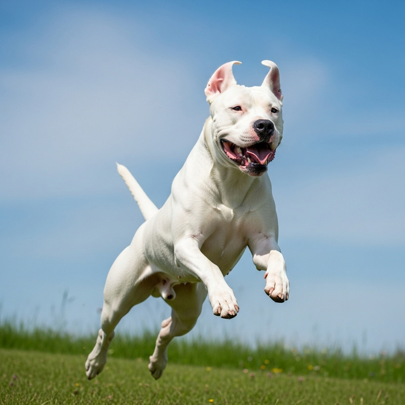 Flying Dogo Argentino Soaring Through Green Grass and Blue Skies Flying Dogo Argentino Soaring Through Green Grass and Blue Skies