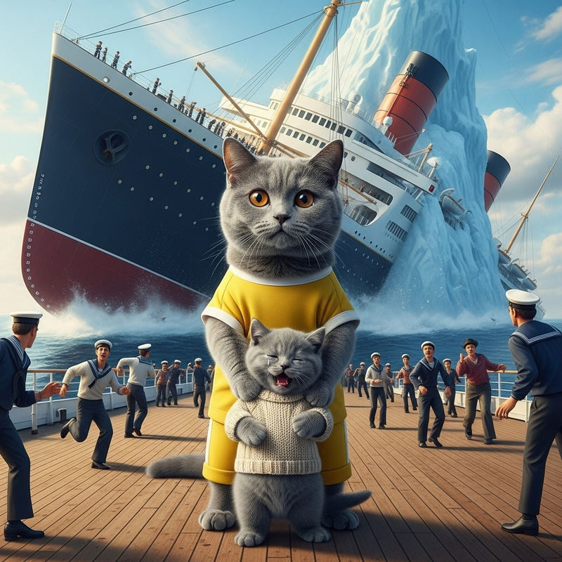 Real Life Grey Cat and Kitten on Sinking Ship in Shock
