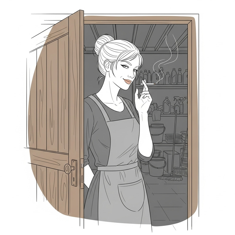 Fine Line Sketch of European Cleaning Lady in Warehouse Fine Line Sketch of European Cleaning Lady in Warehouse