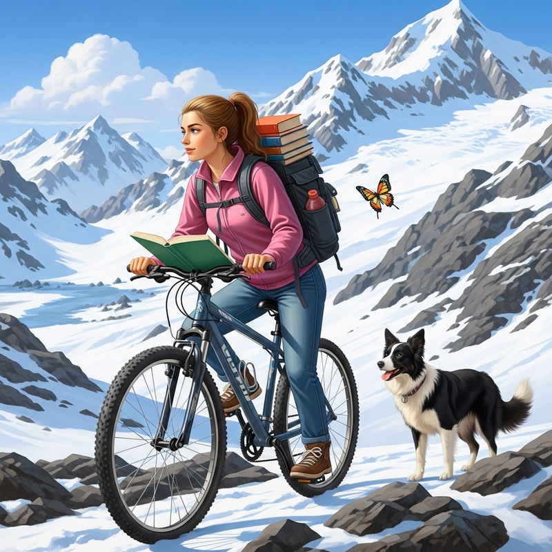Female Student Cycling on Snow Mountain with Dog and Butterfly Female Student Cycling on Snow Mountain with Dog and Butterfly