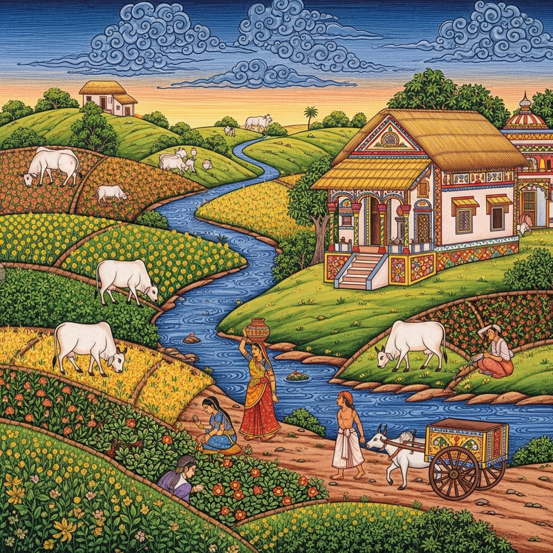 Serene Rural Indian Scene | Traditional Art Depiction
