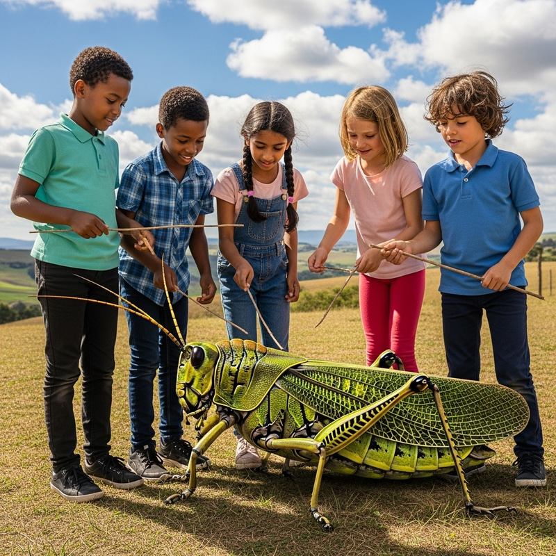 Children Enjoying Nature: Taming Grasshopper in Field Children Enjoying Nature: Taming Grasshopper in Field