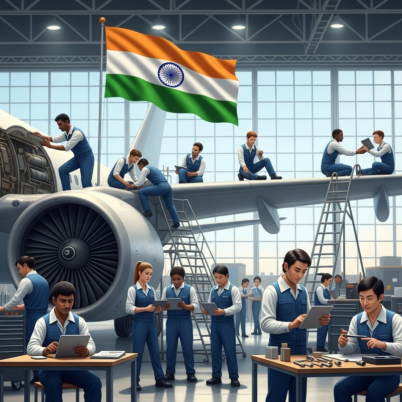 Air Works Engineers with Indian Flag on Aircraft Air Works Engineers with Indian Flag on Aircraft