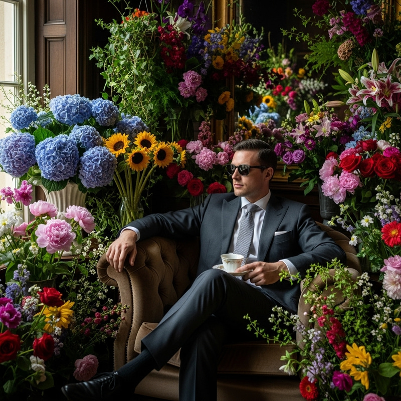 Stylish Man in Armchair, Wearing Jacket and Sunglasses, Among Flowers