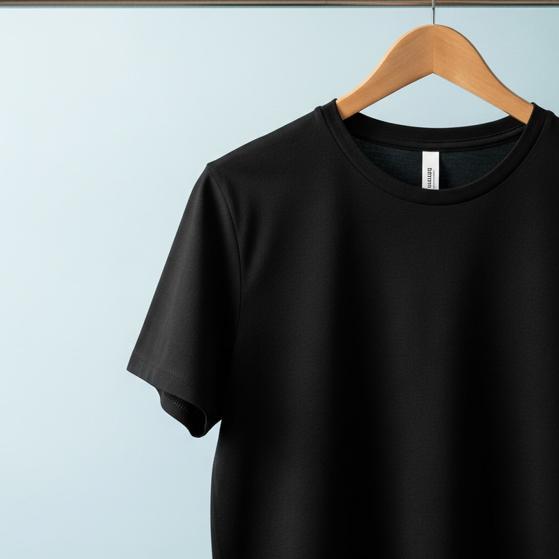 Minimalistic Black Tee on Wooden Hanger | Soft Blue Background Minimalistic Black Tee on Wooden Hanger | Soft Blue Background