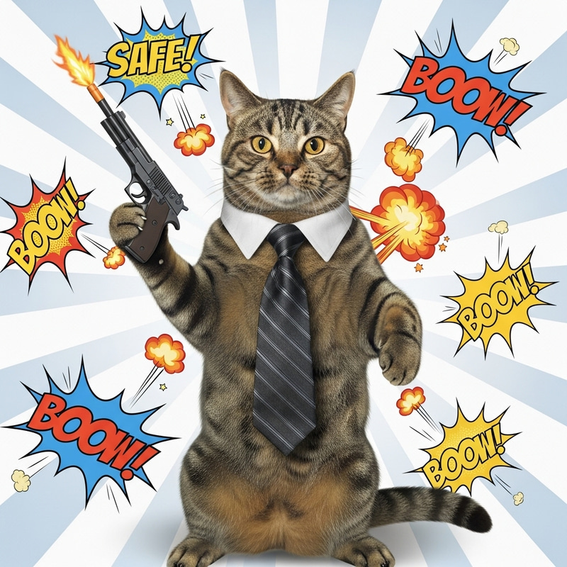 Powerful Cat with Stylish Tie and Playful Gun - Unique Scene