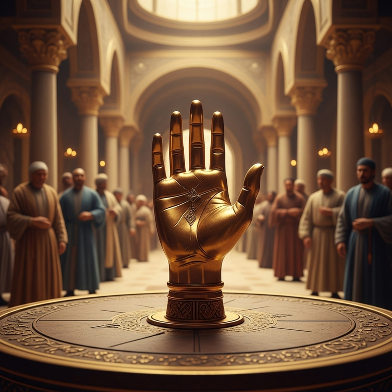 Golden Hand on Ancient Table - Surreal Scene Golden Hand on Ancient Table - Surreal Scene