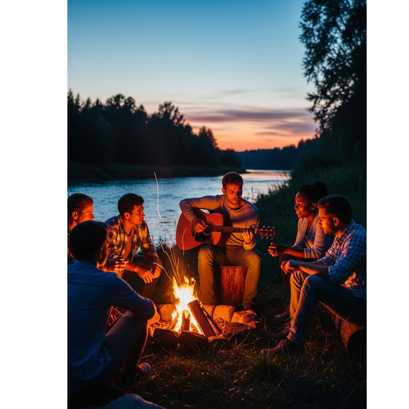 Summer Twilight Serenity: Campfire, Guitar, Friends by River Summer Twilight Serenity: Campfire, Guitar, Friends by River