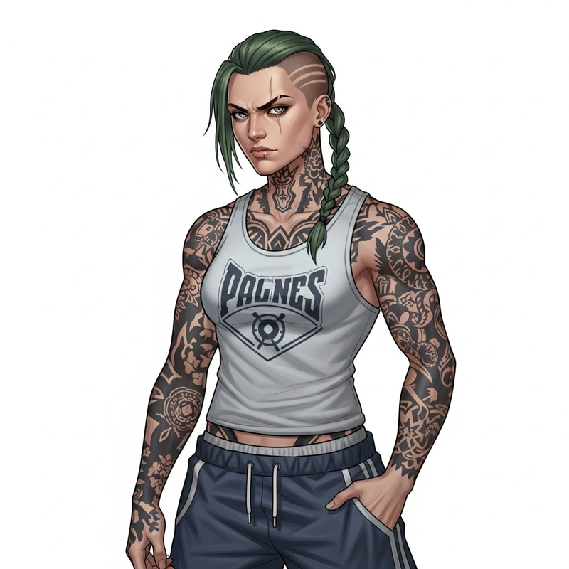 Muscular Woman, 23, Green Hair & Tattoos, Men's Tank Top & Athletic Pants