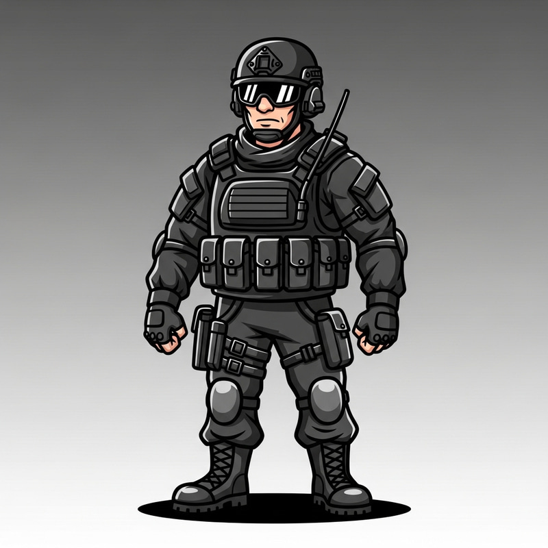 Black Gear Cartoon Soldier: Strong & Focused Black Gear Cartoon Soldier: Strong & Focused