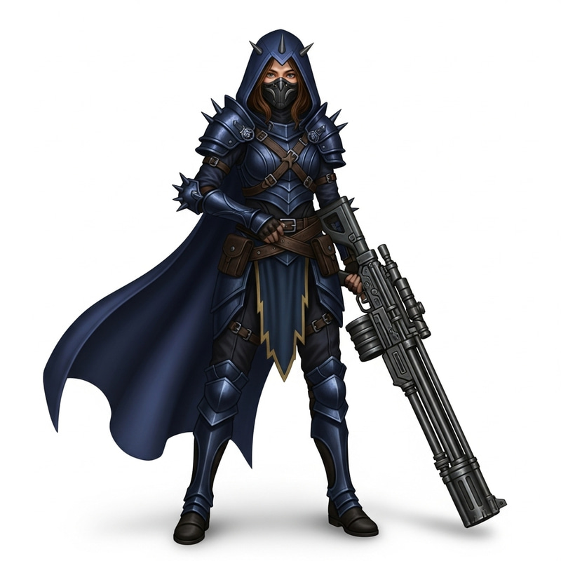 European Girl in Dark Blue Leather Armor with Cape and Rifle