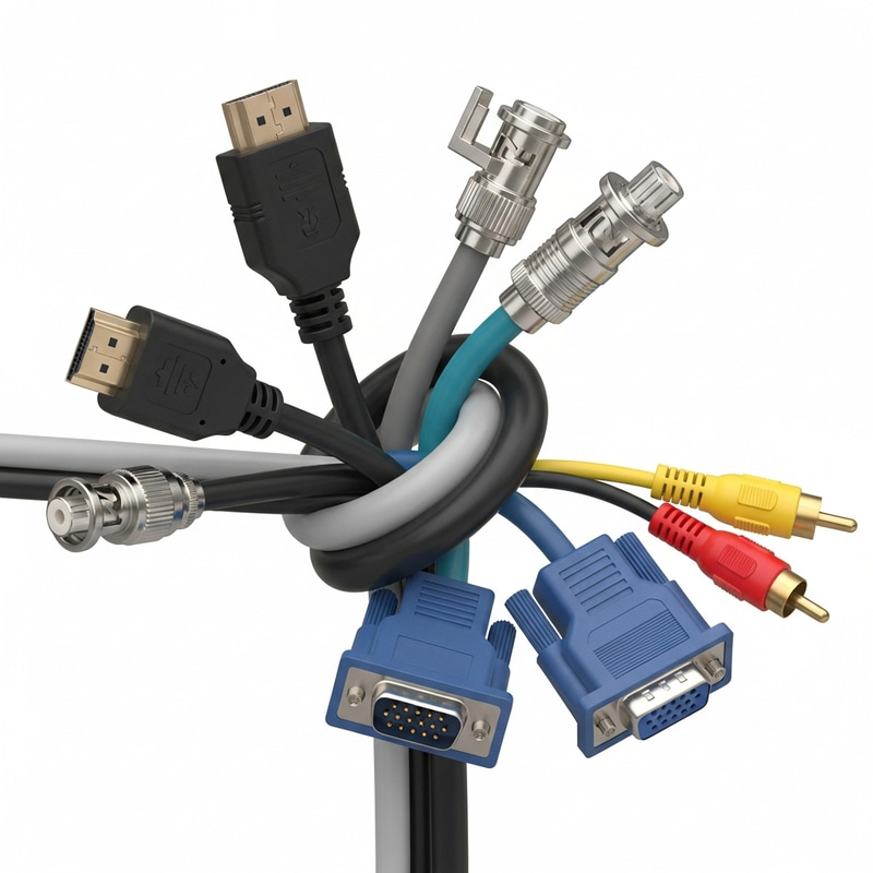 High-Definition HDMI, BNC, Coaxial, VGA, and RCA Cables Twisted Together