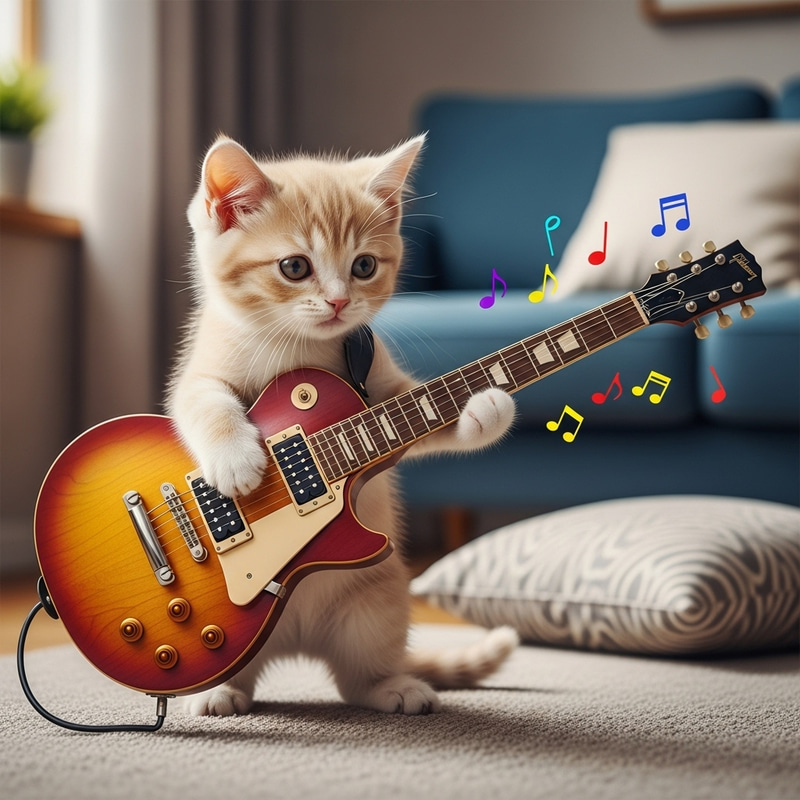 Tiny Cat Playing Electric Guitar in Cozy Living Room Tiny Cat Playing Electric Guitar in Cozy Living Room