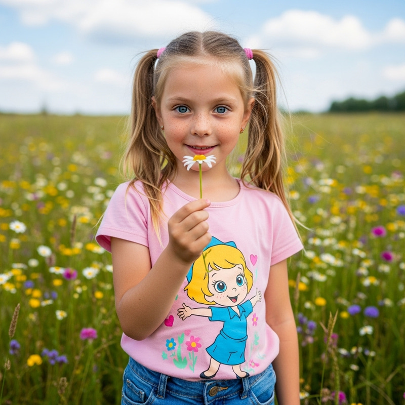 Innocent 10-Year-Old Girl with Blue Eyes in Wildflower Field Innocent 10-Year-Old Girl with Blue Eyes in Wildflower Field