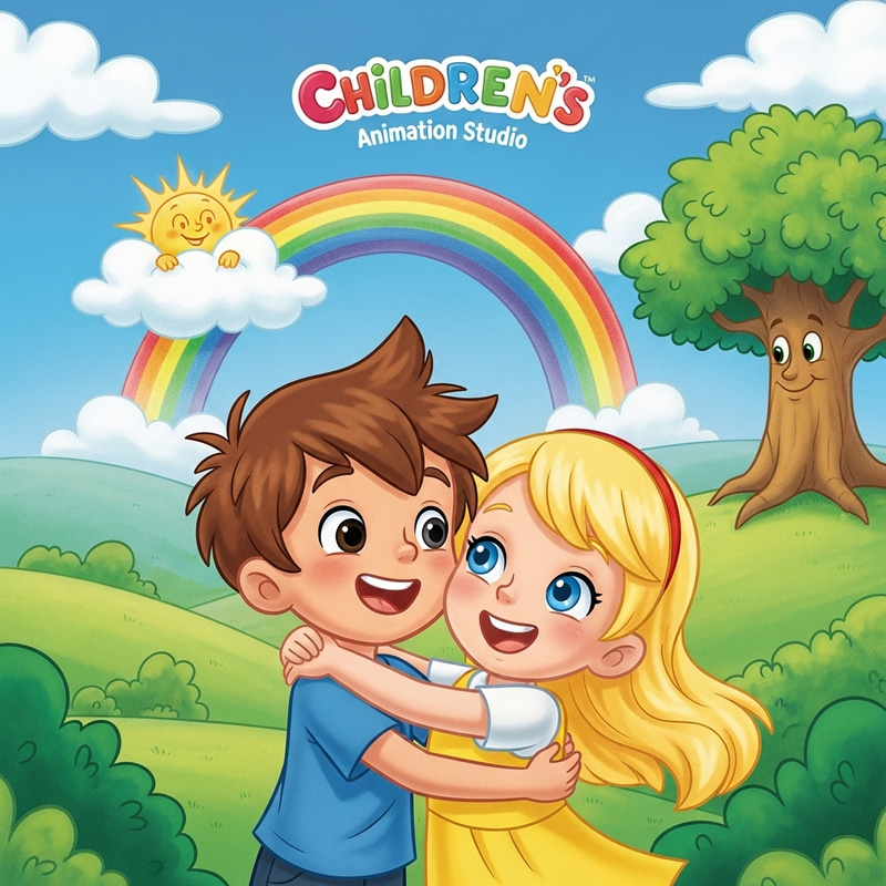Charming Disney Pixar Cover Art: Brown-Haired Boy with Mismatched Eyes Embracing Blue-Eyed Blonde Girl