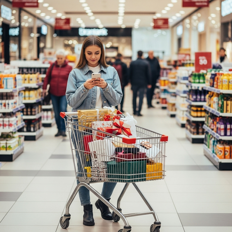 Girl with Phone, Cart of Purchases, Gifts for Shopping Girl with Phone, Cart of Purchases, Gifts for Shopping