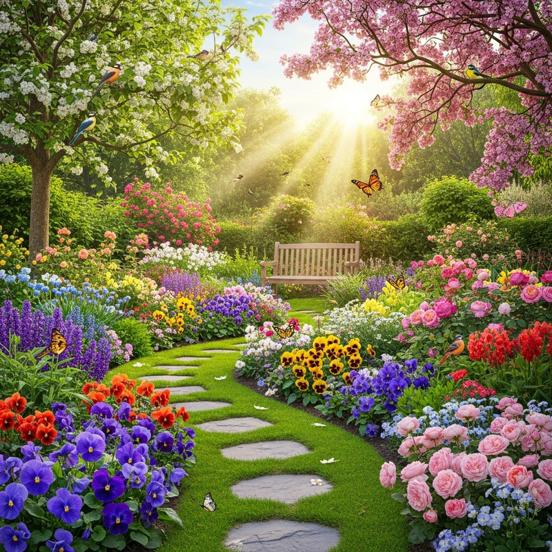 Enchanting Spring Garden with Blooming Flowers and Butterflies Enchanting Spring Garden with Blooming Flowers and Butterflies
