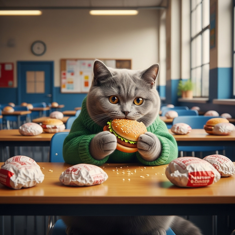 Realistic Gray British Kitten Eating Hamburger in School Cafeteria Realistic Gray British Kitten Eating Hamburger in School Cafeteria