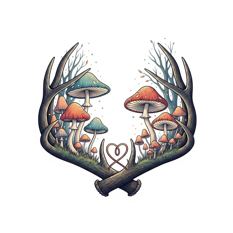 Enchanting Deer Antlers with Whimsical Mushrooms Enchanting Deer Antlers with Whimsical Mushrooms