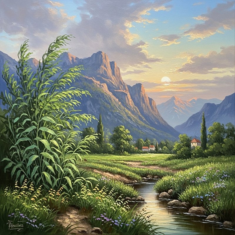 French Landscape Painting with Stunning Mountain View