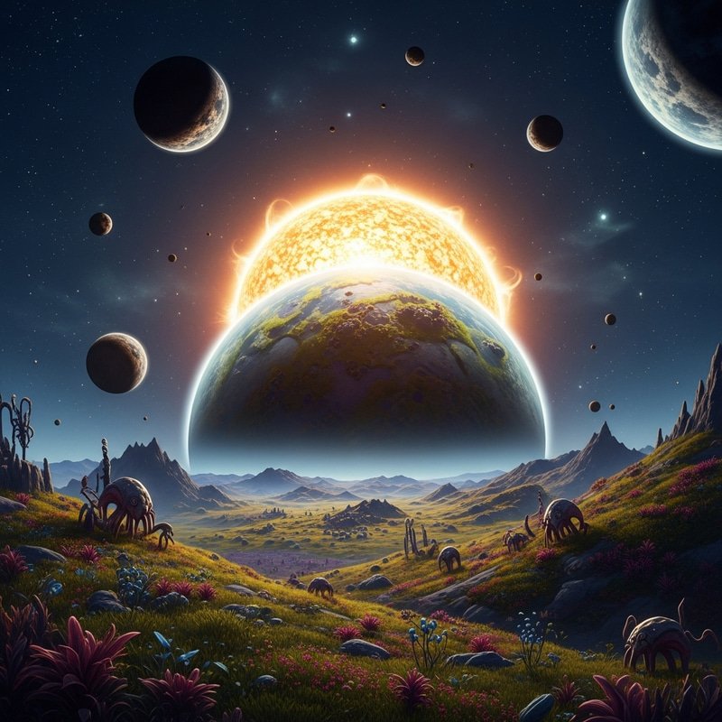 Alien World: Vibrant Vegetation & Celestial Skies Alien World: Vibrant Vegetation & Celestial Skies