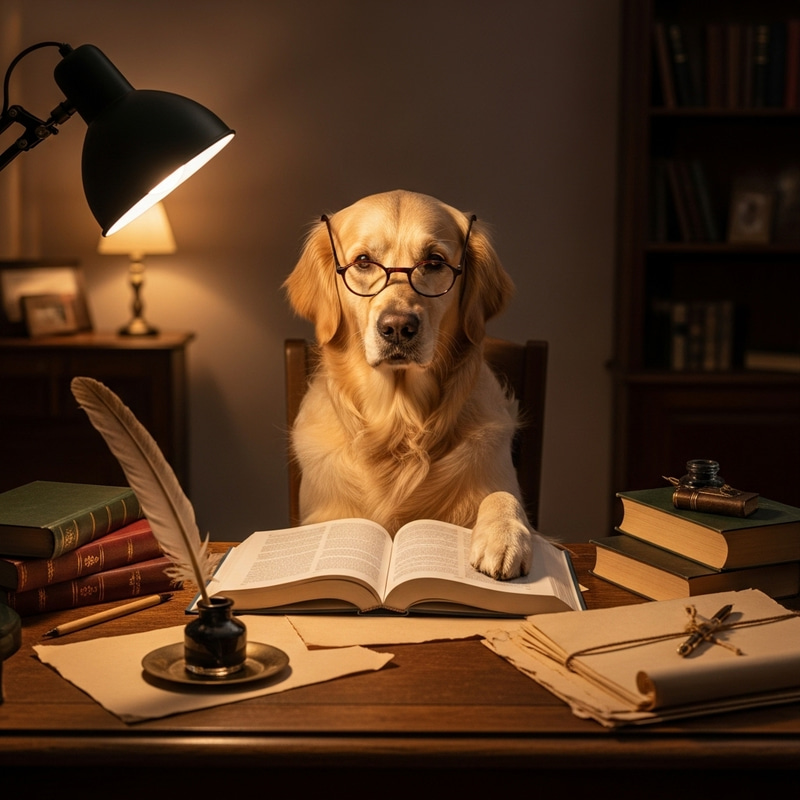 Intelligent Canine Studying - Focused Dog at Study Table Intelligent Canine Studying - Focused Dog at Study Table