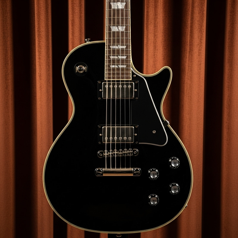 Vintage Electric Guitar with Ebony Finish | Rich Velvet Curtains Vintage Electric Guitar with Ebony Finish | Rich Velvet Curtains