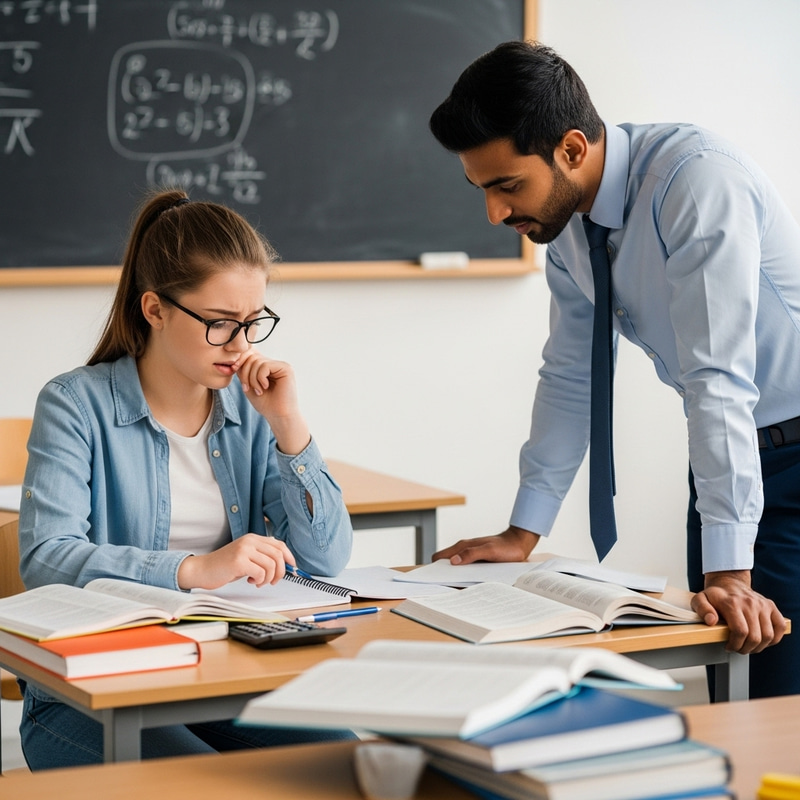 Calm Student Receives Math Assistance in Well-Lit Classroom Calm Student Receives Math Assistance in Well-Lit Classroom