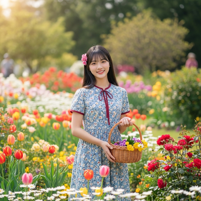 Blooming Garden Beauty: East Asian Girl Amid Colorful Flowers Blooming Garden Beauty: East Asian Girl Amid Colorful Flowers
