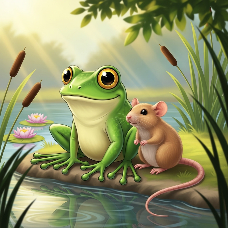 Cartoon Frog and Rat Illustration | Sweet Pond Friendship Cartoon Frog and Rat Illustration | Sweet Pond Friendship