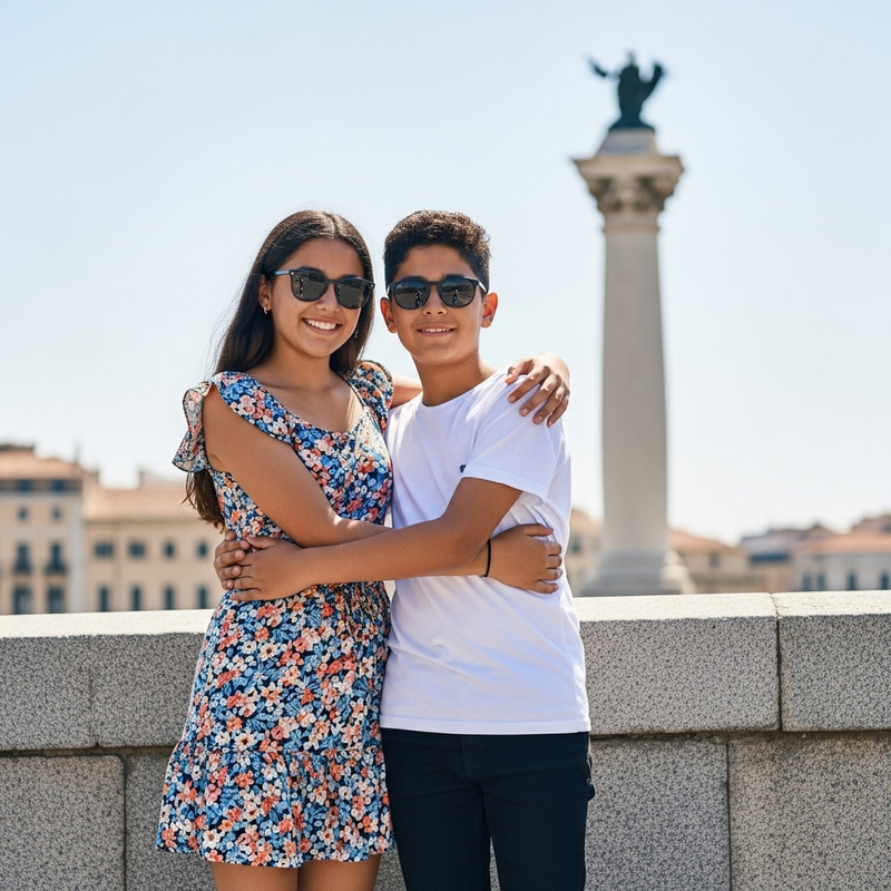 Young Couple Embracing on Bridge with Pillar in Background Young Couple Embracing on Bridge with Pillar in Background