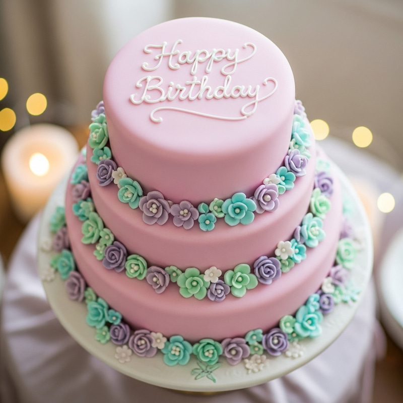 Elegant Birthday Cake with Lustrous Icing and Sugar Flowers - Happy Birthday Ião Martins