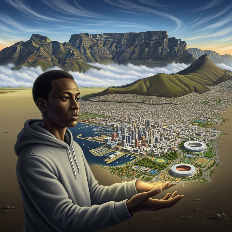 Surrealist Illustration of Black African Male Holding Cape Town with Table Mountain Surrealist Illustration of Black African Male Holding Cape Town with Table Mountain