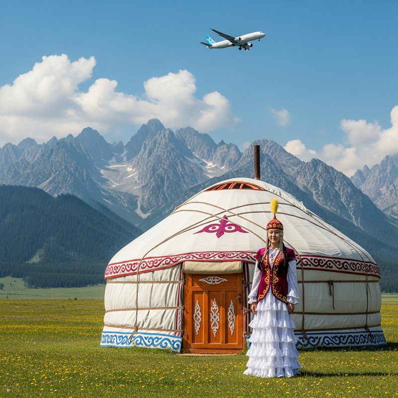 Kazakh Girl in Yurt with Scenic Mountain View Kazakh Girl in Yurt with Scenic Mountain View