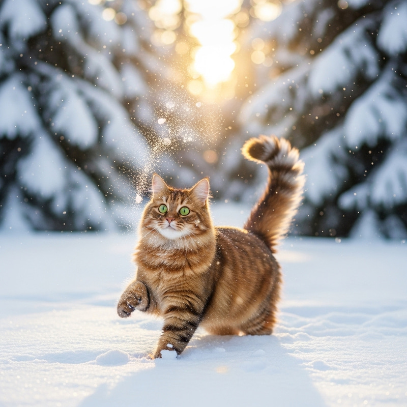 Beautiful Cat Playing in Snowy Forest Beautiful Cat Playing in Snowy Forest