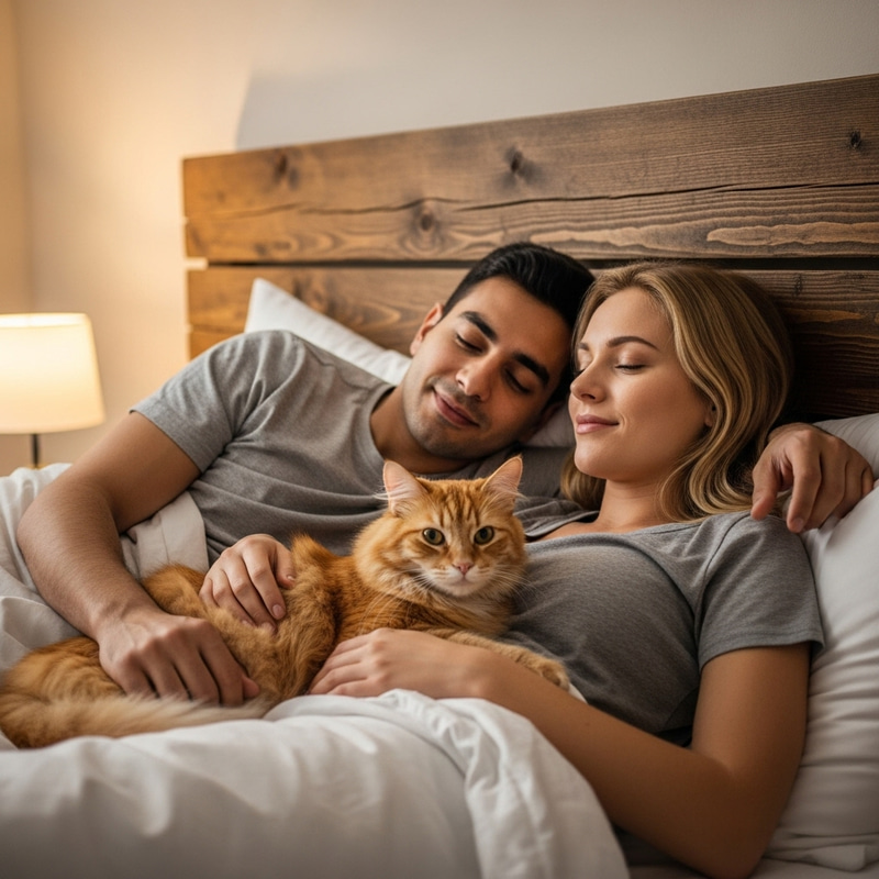 Restful Cozy Scene: Couple in Bed with Orange Cat Restful Cozy Scene: Couple in Bed with Orange Cat