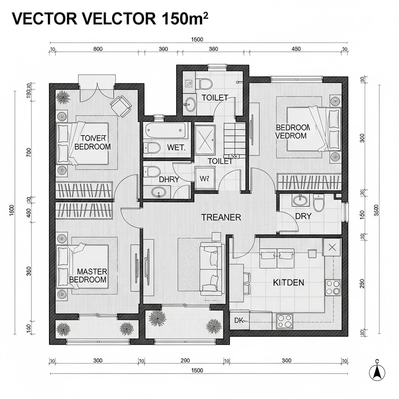 Modern 150 sqm Floor Plan with 2 Bedrooms, Master Bedroom, Wet & Dry Toilet, Living Area & Kitchen