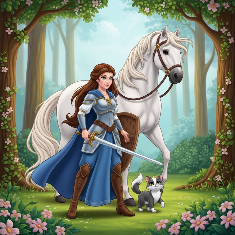 Adorable Disney-Style Warrior Princess with Horse and Cat | Enchanting Scene Adorable Disney-Style Warrior Princess with Horse and Cat | Enchanting Scene
