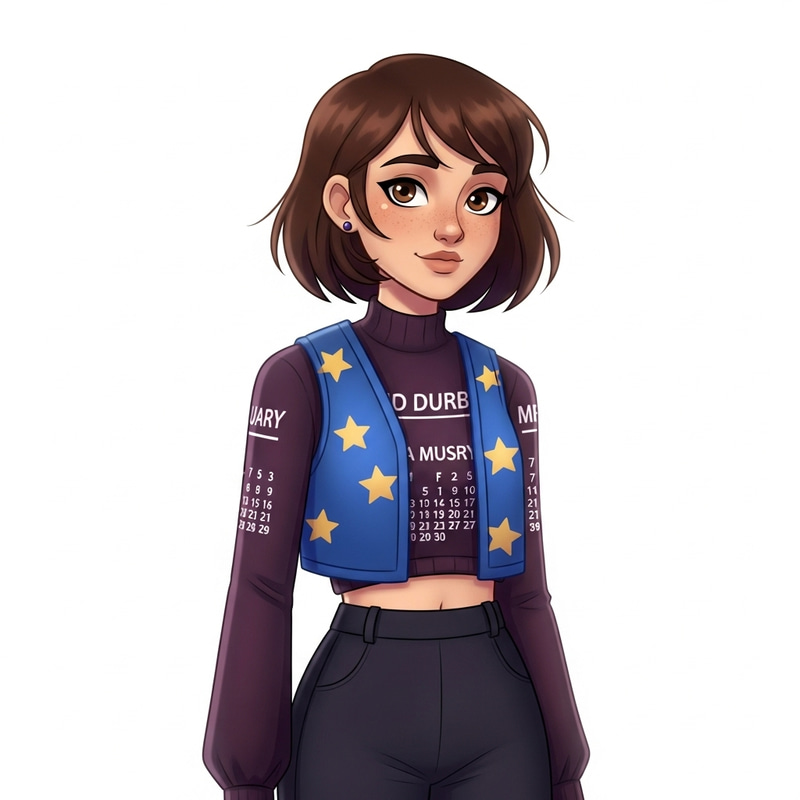Cartoon Girl with Brown Hair in Blue Star Vest and Purple Longsleeve Cartoon Girl with Brown Hair in Blue Star Vest and Purple Longsleeve