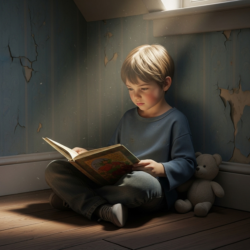 Realistic Image of Young Boy Sitting in House Corner | 1254x836 pixels Realistic Image of Young Boy Sitting in House Corner | 1254x836 pixels